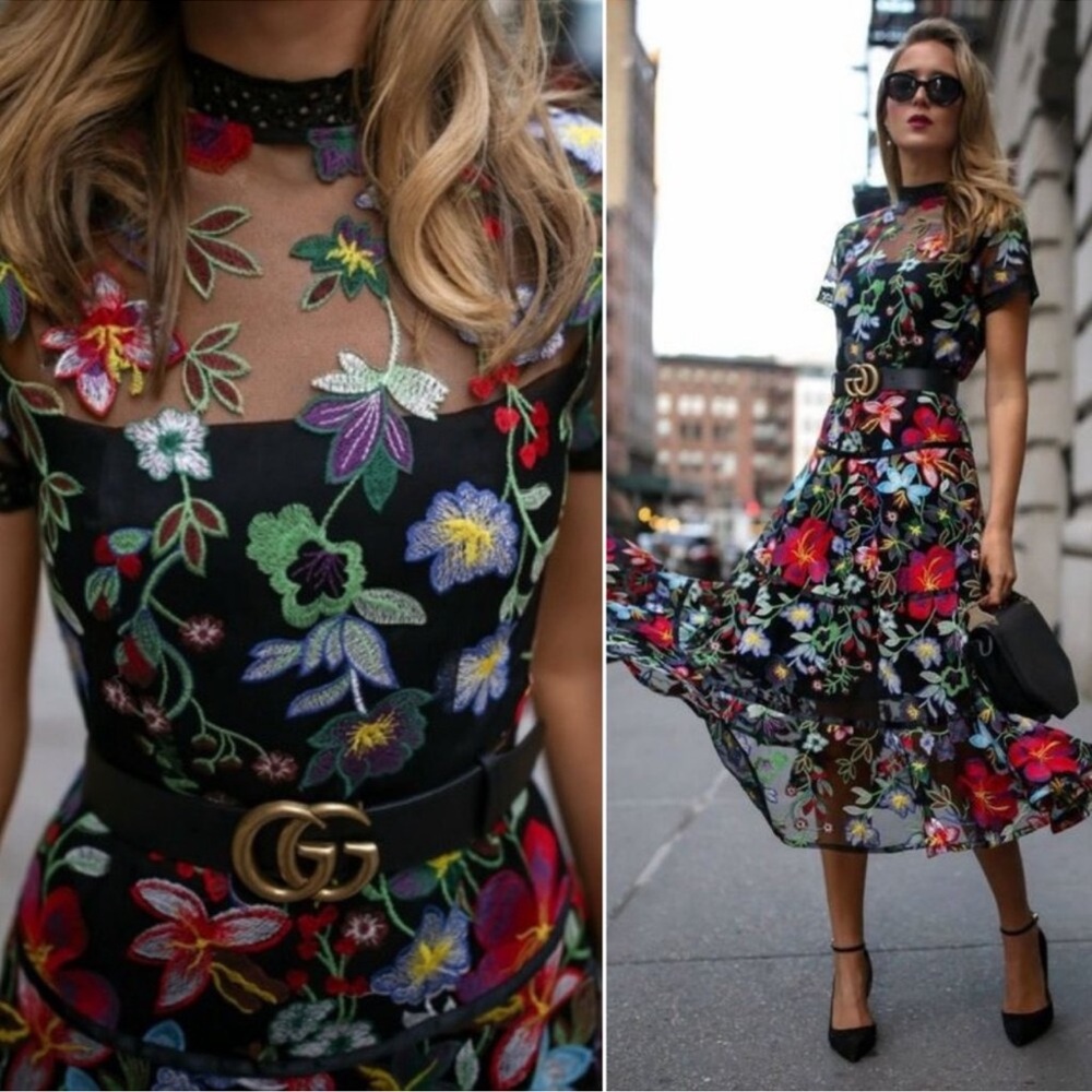 Anthropologie Black Floral Midi Dress